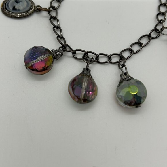 Aurora Borealis Crystal Charm Bracelet W/ Cameo Pendant Antique Black Chain Desi - Picture 4 of 16
